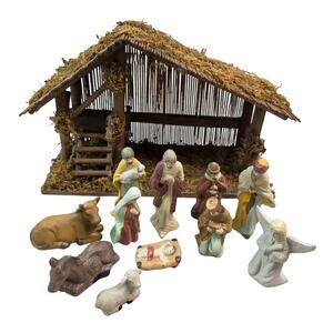 Holiday Traditions Porcelain Nativity Set 11 Piece Figurines with Wood Stable